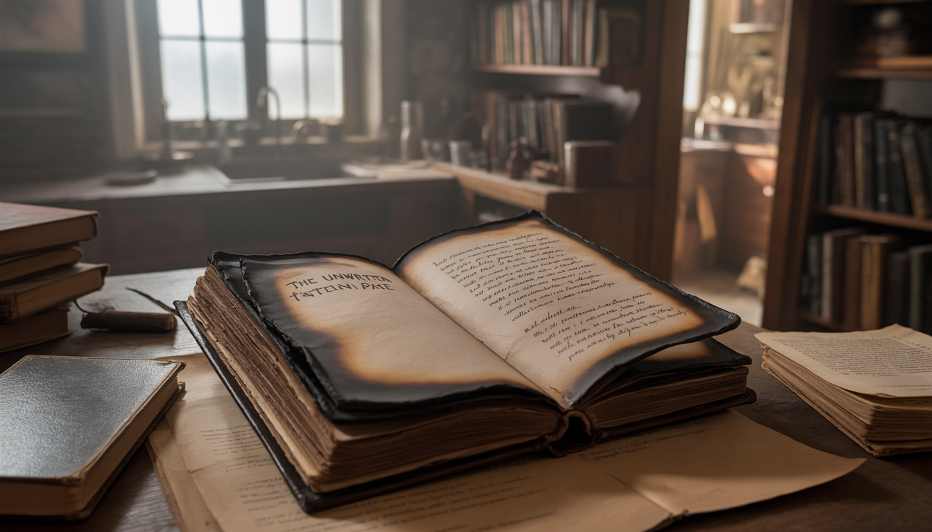ideogram v3.0 close up of an old partially burnt leather book titled the unwritten page lying 0